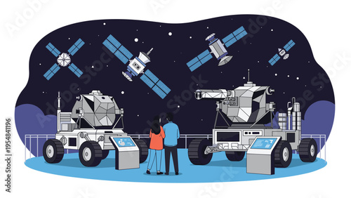 Visitors explore a space museum exhibit featuring detailed models of lunar rovers and various satellites orbiting against a starry night.