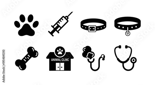 Veterinary Clinic Icons: Paw Print, Syringe, Collar, Bone, Stethoscope