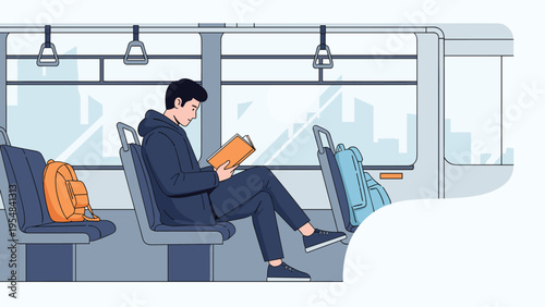 Quiet young man sitting in a bus seat and reading an orange book during his daily commute through the city.