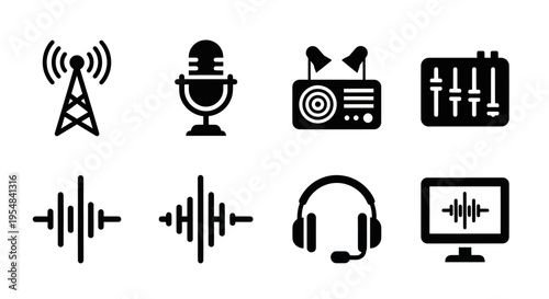 Audio Icons Set: Microphone, Radio, Sound Waves, Mixer, Headphones, Monitor