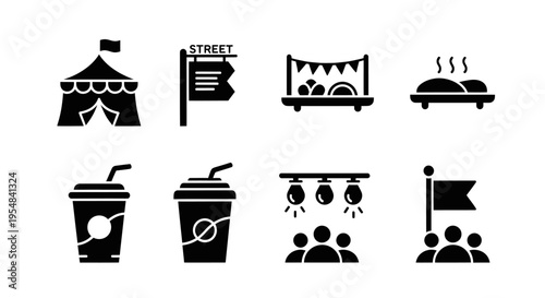 Street Food Festival Icons: Tent, Food Stalls, Drinks, Crowd & Lighting