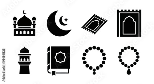 Islamic Icons: Mosque, Crescent Moon, Prayer Mat, Quran, Rosary Beads