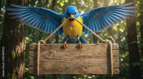 Blue bird with outstretched wings holding twig and wooden sign in forest clearing with sunbeams with copy space