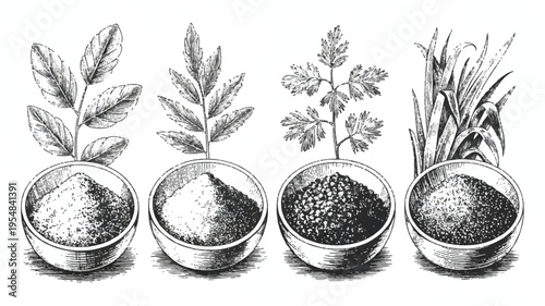 Vintage botanical illustration of grains and plants in bowls, hand-drawn sketch style, botanical garden