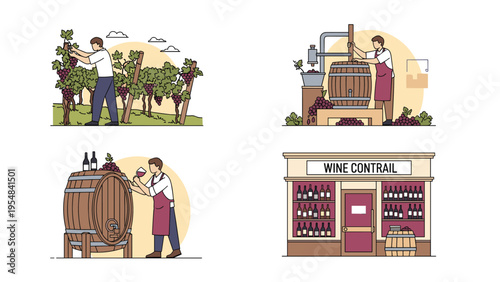 Series of illustrations depicting the wine production journey from harvesting grapes in the vineyard to selling bottles in a shop.