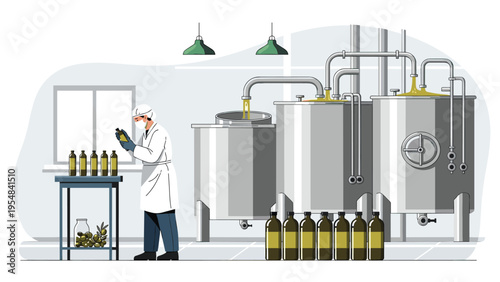 Laboratory technician in protective gear inspects bottles of fresh olive oil at a modern factory with large storage tanks.