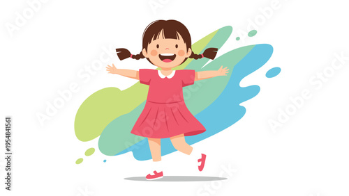 Joyful young girl with pigtails in a pink dress jumps with excitement against a vibrant and colorful abstract splash background.