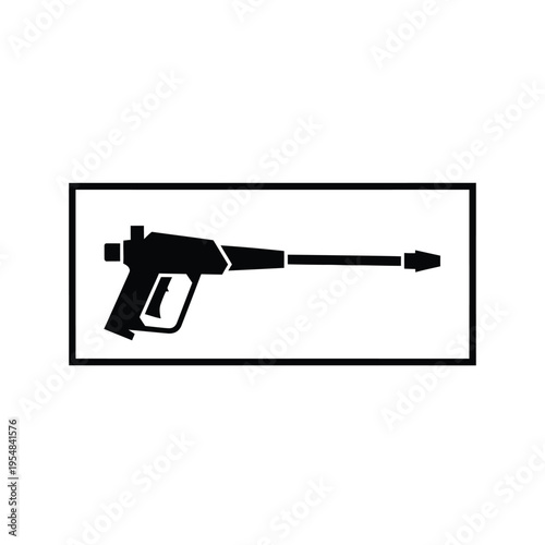 A simple black and white illustration depicts a high pressure spray gun within a rectangular frame high quality