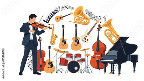 Elegant musician in a tuxedo playing a violin surrounded by a variety of musical instruments like a piano and drums.