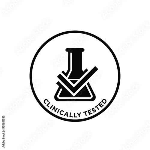 A black and white circular icon depicts a flask with a checkmark signifying clinically tested assurance