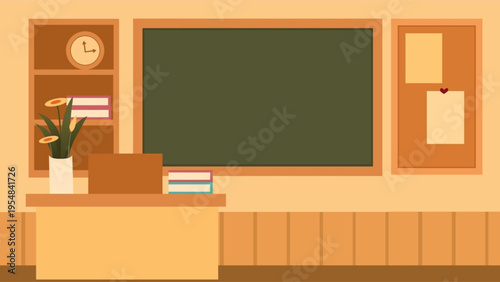 Classroom interior with desk blackboard books and clock on wall