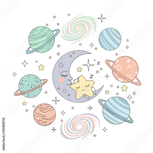 Cute sleeping moon and star with planets and galaxies, pastel colors, children's illustration
