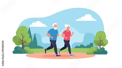 Active elderly couple in athletic wear jogging together on a path through a beautiful green park under a sunny sky.