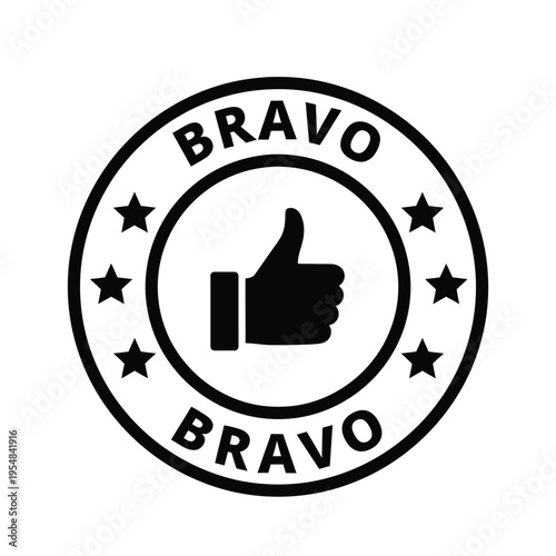 A circular black and white badge displays the word bravo and a thumbs up symbol with stars