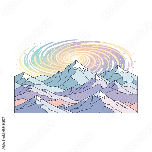Surreal Mountain Landscape with Swirling Pastel Galaxy