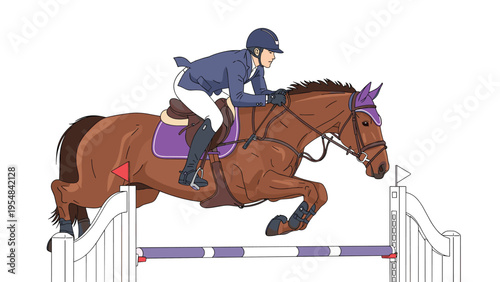 Professional equestrian rider on a brown horse successfully jumping over a high purple hurdle during a competition.