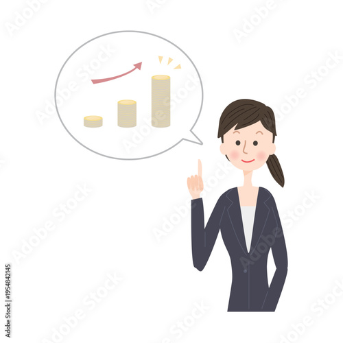 上昇するコインのグラフについて説明するスーツ姿の女性