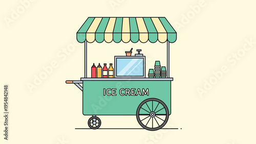 Charming green ice cream cart with a striped awning featuring several sauce bottles and cups ready for customers.