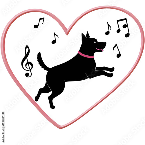 Playful dog jumping inside heart frame with musical notes around  