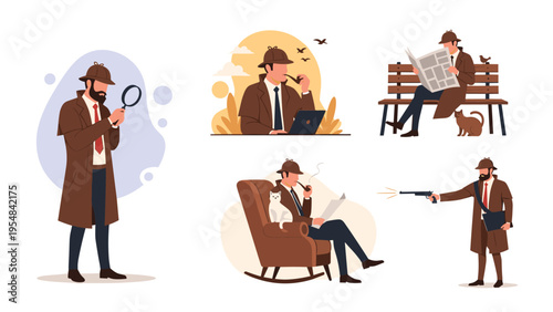 Collection of scenes showing a classic detective in a trench coat using a magnifying glass, reading newspaper, and investigating clues.