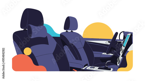 Clean and minimalist interior of a modern car featuring dark seats, a steering wheel, and a large digital touchscreen dashboard.