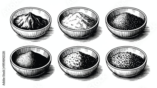 Six bowls filled with different types of spices and powders, black and white sketch, spice blend