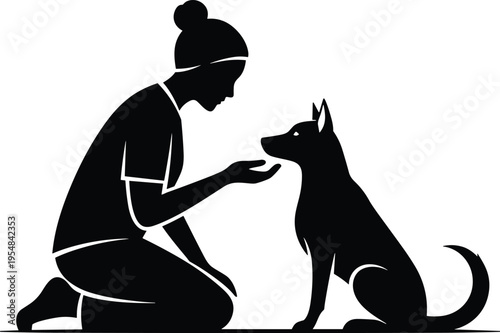woman training dog silhouette, pet care concept, human animal bond, obedience training, domestic canine interaction, black vector illustration, trust relationship