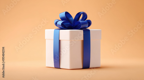 Present Perfect: A pristine white gift box, elegantly adorned with a rich blue ribbon and bow, rests gracefully against a subtle, warm background.