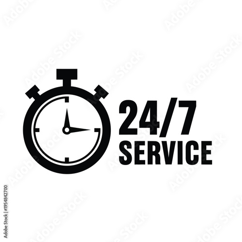 A black stopwatch icon with the text 24 7 service prominently displayed symbolizing constant availability high quality professional