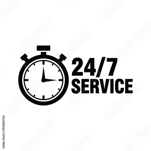 A black stopwatch icon paired with bold text indicating round the clock 24 7 service availability high quality professional detailed