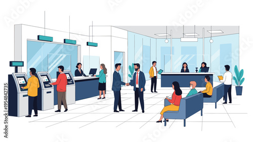 Busy bank branch office shows customers using modern ATMs while others consult with bank staff at service counters.