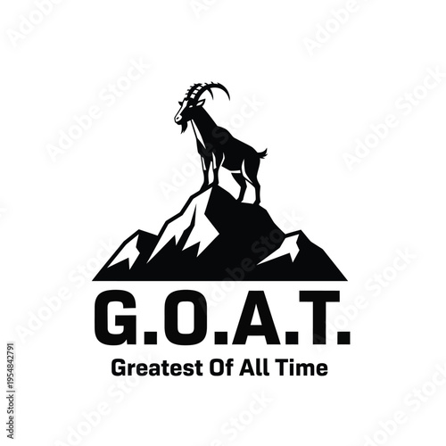 A striking black silhouette of a mountain goat stands atop a peak with the acronym g o a t below