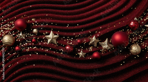Festive Elegance: A luxurious composition of shimmering stars, spherical ornaments, and sparkling accents adorns a rich, velvet backdrop, creating a sense of seasonal sophistication.