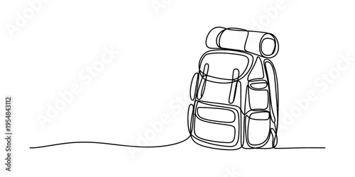 Continuous line drawing of a hiking backpack with a sleeping bag on top for outdoor adventure