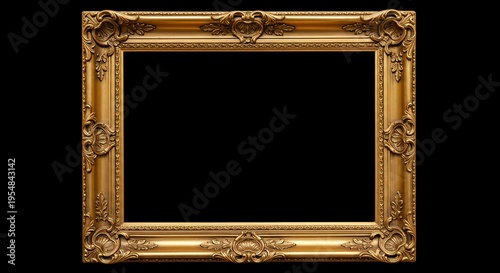 An ornate gold picture frame sits empty on a black background