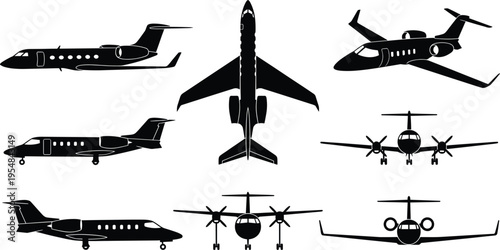 Private Jets and Aircraft Vector Illustration – Various Views of Jet Planes and Small Aircraft in Different Positions