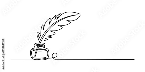 Continuous line drawing of a classic feather quill pen resting in a small inkwell jar.