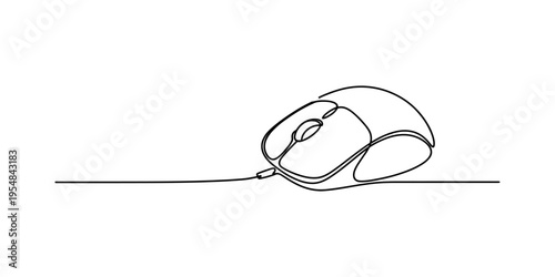 Continuous one line drawing of a modern computer mouse for technology and office work concepts