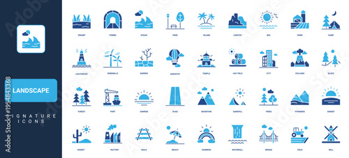 City and nature landscape view, outdoor area with road, trees and mountain, farm land glyph icon set. Countryside scenery, park and forest, beach solid symbols vector illustration