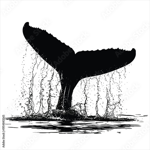 Black whale tail vector illustration with water splashes