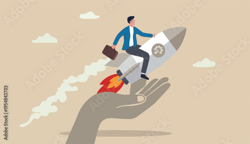 Venture capital to funding startup company, help financial support entrepreneur small company launch project concept, confident businessman riding launching company rocket supporter hand