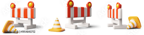 Road traffic barrier and traffic cone 3D vector set, emergency orange striped temporary fence, lamps, road caution sign