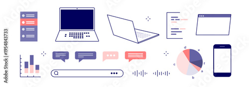 Technology and business work vector icon set. Illustration of laptop, server, smartphone, data chart, chat bubbles, search bar, online message, programm code, voice panel. Isolated design element app