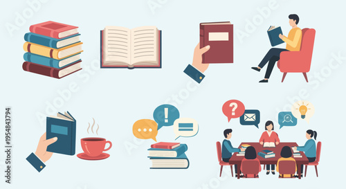 Collection of Reading and Learning Icons: Books Readers and Discussion Group.