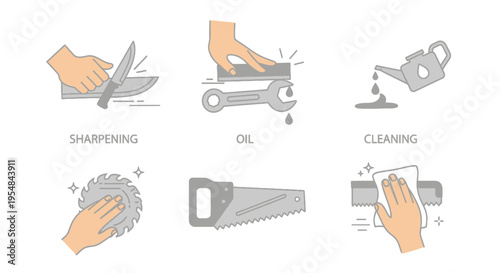 Line art icons of hands performing tool maintenance: sharpening oiling cleaning and saw care.