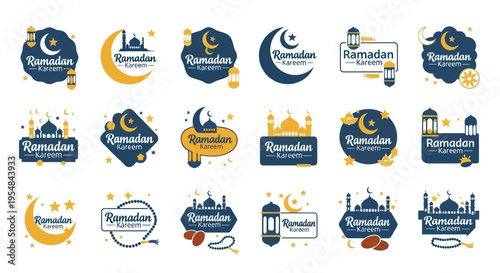 Ramadan Kareem Badges and Labels Collection with Crescent Moons and Islamic Symbols.