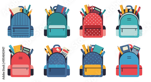 Collection of colorful backpacks filled with school supplies.