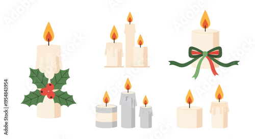 A festive collection of illustrated white Christmas candles lit and decorated with holly berries and a ribbon bow.