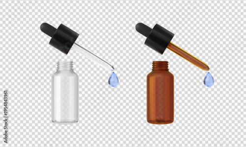 Realistic amber and transparent glass bottles with dropper caps mockup vector set, container pipette with essence drop