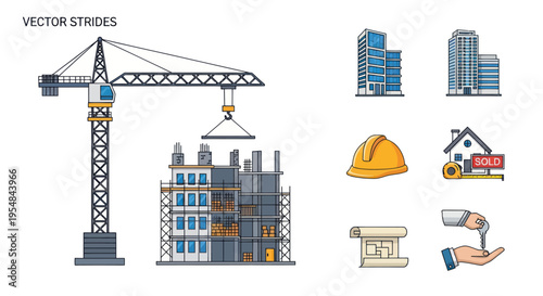 Construction Crane Lifting Materials at Building Site Vector Illustration.